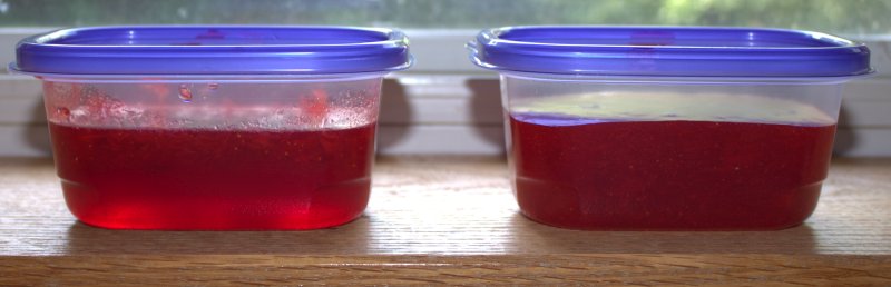 Strawberry Freezer Jam on the left was made by the New Method and did not set. The jam on the right did set and was made by the Old Method.
